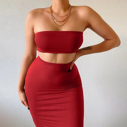Hugcitar Women Elegant 2 Pcs Sets Strapless Sexy Tube Crop Tank Top Maxi Skirt 2025 Summer Women Casual Clothes Party Festival
