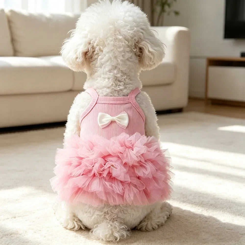 1PC Cute Pink Suspender Dog Tutu Dress With Bow, Breathable Ribbed Pet Princess Tulle Skirt,  Small Dogs & Cats