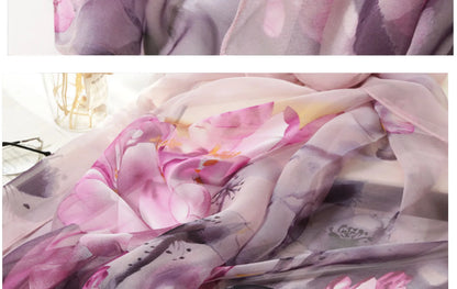 Ink Painting Lotus Summer Beach Sun Protection Chiffon Georgette Scarf Women Foulard Shawl Bandana Elegant Thin Breathable