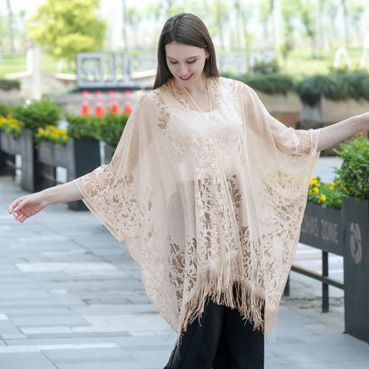 New Leakage Cardigan Shawl Lace Tassel Women's Fashion Versatile High-End Solid Color Hollow Tourism Vacation Beach Cape Sunscre