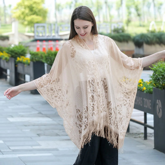 New Leakage Cardigan Shawl Lace Tassel Women's Fashion Versatile High-End Solid Color Hollow Tourism Vacation Beach Cape Sunscre