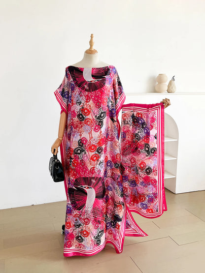 Elegant Printed Silk African Shawl Summer Fashion Long Hijab Kaftan Dress Oversize Muslim Lady Kuwait Abaya Scarf for Women