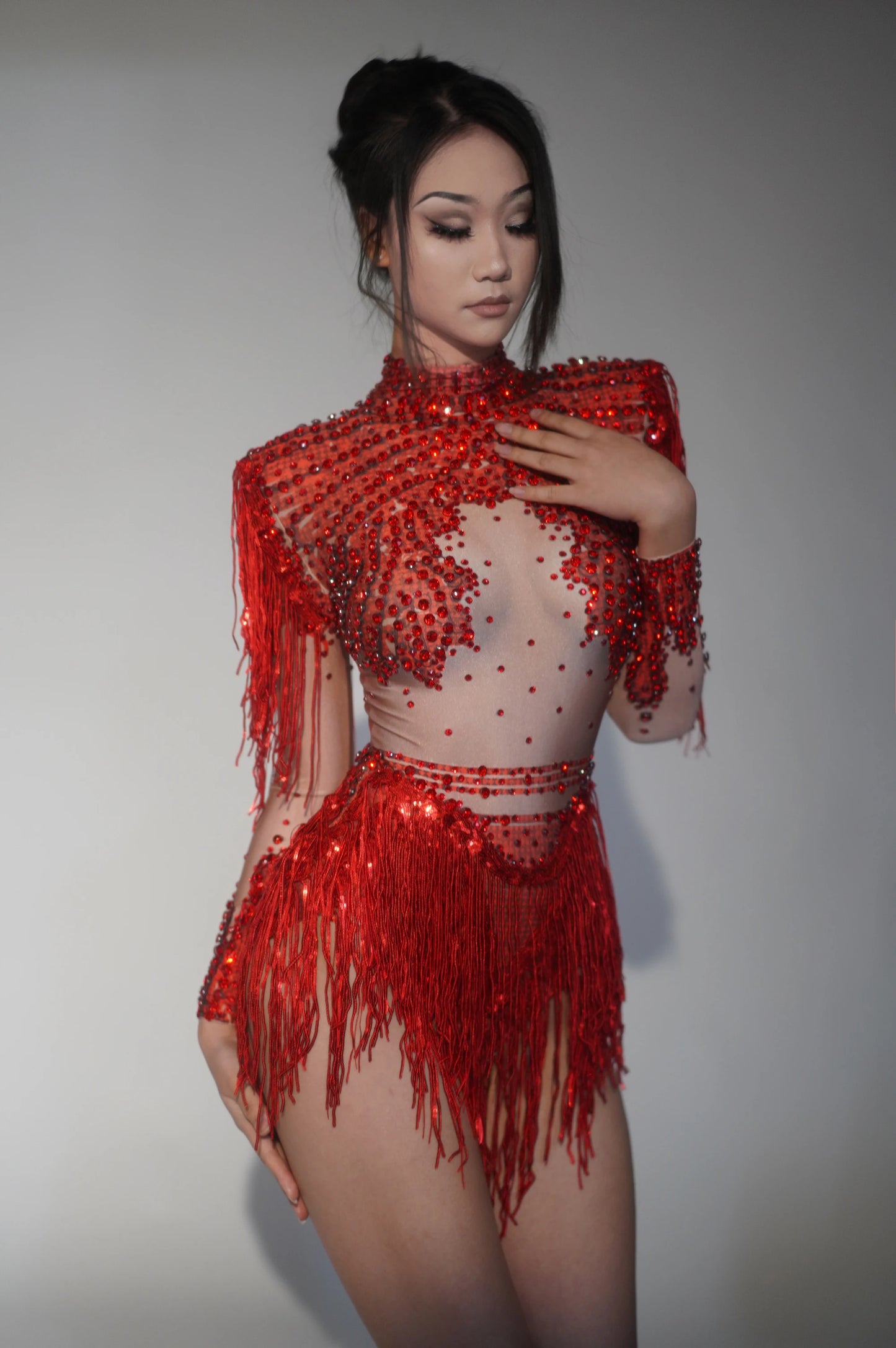 Women Sparkly Rhinestone Sequin Tassel Stretch Bodysuits 2025 New Arrival Birthday Party Nightclub Dj Stage Performance Costume