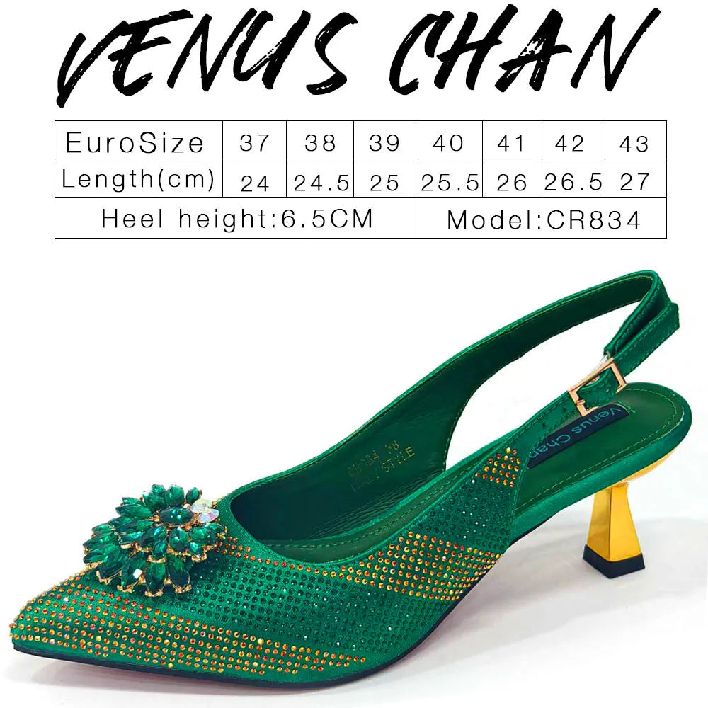 Venus Chan 2026 Italian Luxury Rhinestone Wine Pointed Toe High Heels with Matching Bag Set – Ideal for Parties and Special