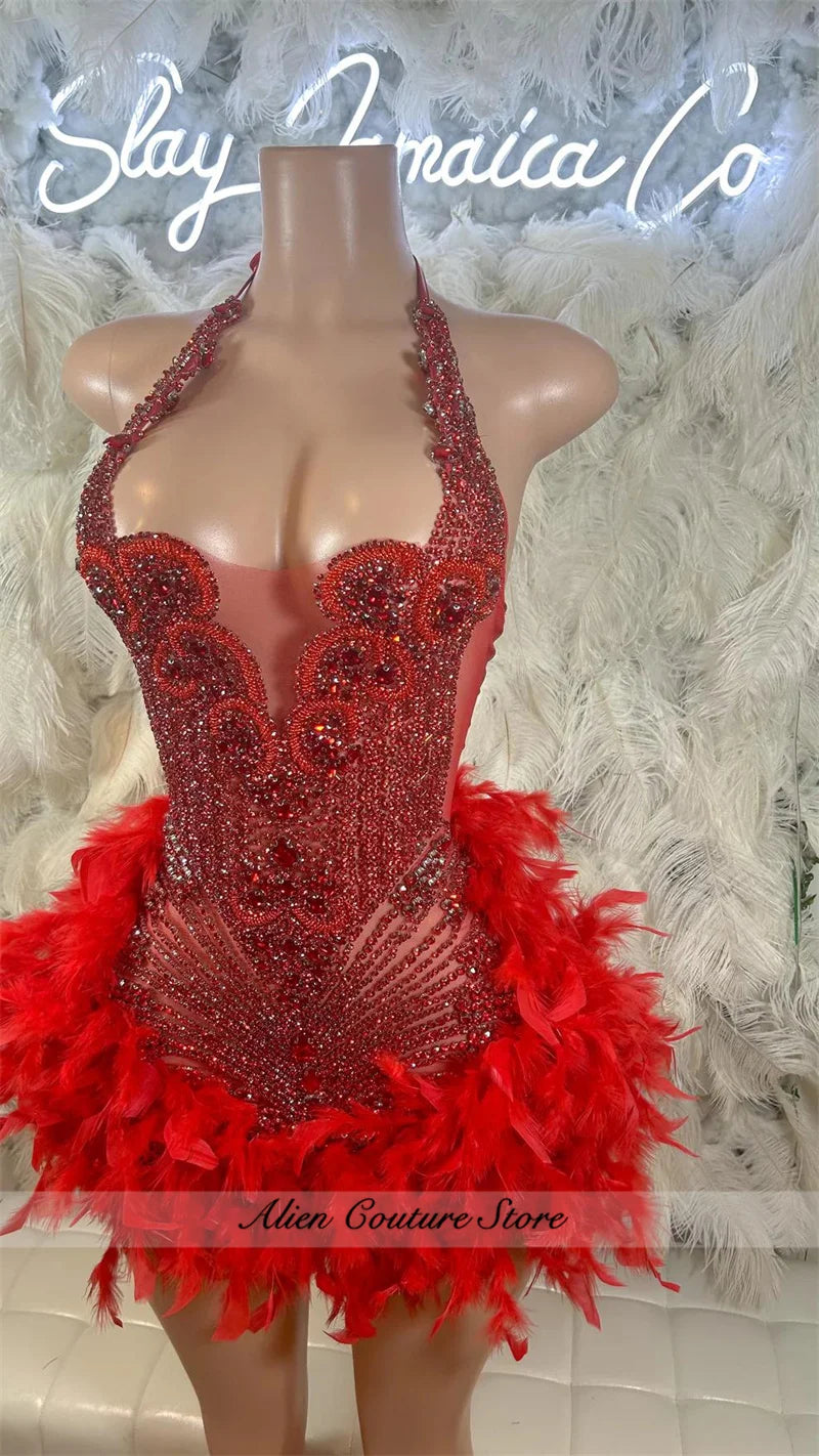 Glitter Pink Crystal Short Prom Dress For Black Girl Homecoming Senior Cocktail Dress Birthday Party Gown Feathers Customized
