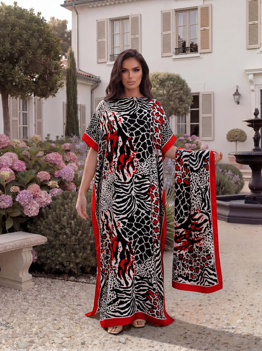 Leopard Zebra Snake Mixed Animal Print Satin Abaya Scarf Set, Loose Batwing Maxi Kaftan For Muslim Women Summer Beach Wear