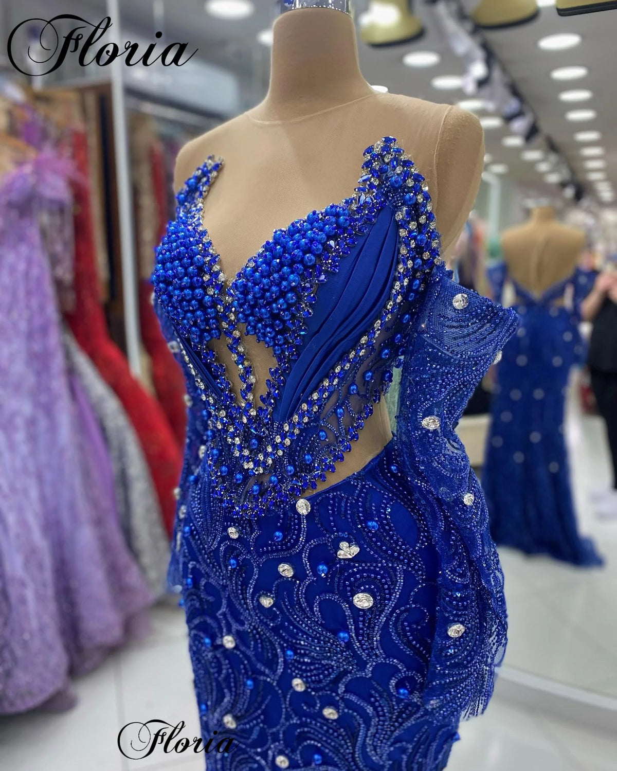 Royal Blue Sheer Neck Cocktail Dresses Mermaid Off Shoulder Birthday Dresses With Pearls Vestidos Femenino Engagement Dresses