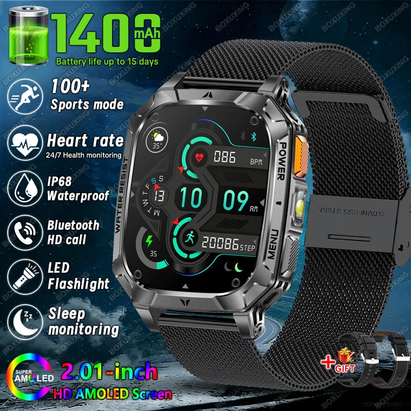 New 1400 mAh Battery Military Smartwatch Men IP68 Waterproof Flashlight Health Monitor Sports Call Smart Watch For iOS Android