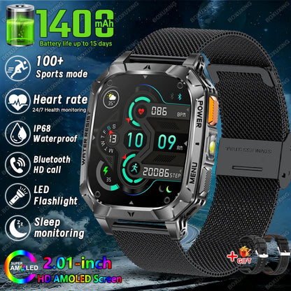 New 1400 mAh Battery Military Smartwatch Men IP68 Waterproof Flashlight Health Monitor Sports Call Smart Watch For iOS Android