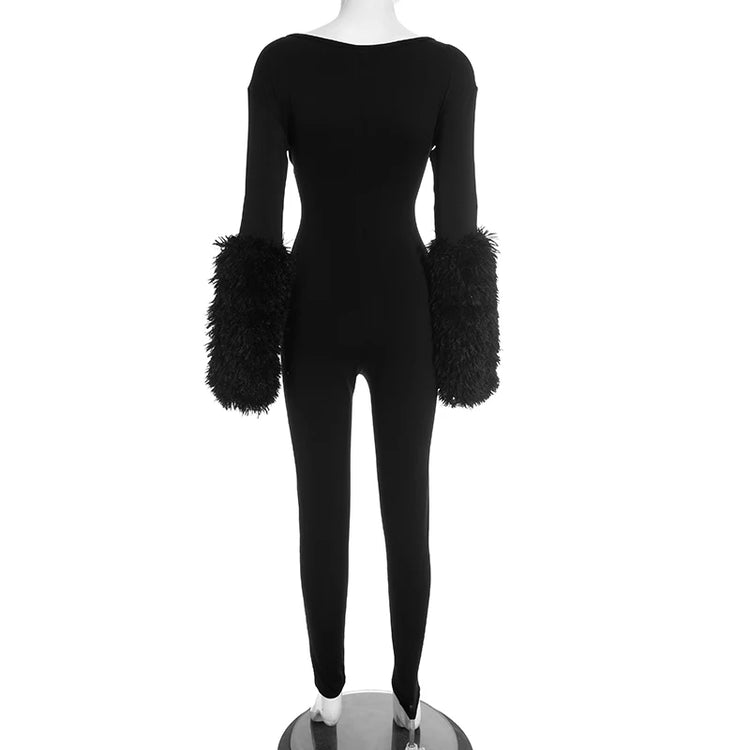 Weird Puss Cross Hollow Jumpsuit Women Sexy Fit Fur Patchwork Full Sleeve Workout Activity Streetwear Stretch Tight Overalls