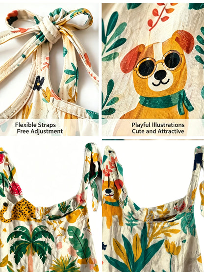 Cute Puppy Print Women's Jumpsuit, Breathable Cotton-Like Jumpsuit