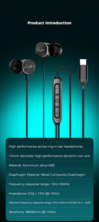 Type C Wired Headphones HiFi Bass Stereo Volume Control Headset In HD Mic Wired Earbuds For Samsung Galaxy S26 S25 S24 Earphones