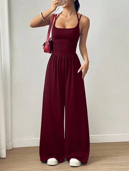Women Halter Spaghetti Strap Jumpsuits Summer Casual Elastic High Waist Backless Wide Leg Long Pants Romper Club Party Overalls