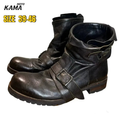 Retro Darkened Belt Buckle Motorcycle Boots Trendy for Both Men and Women Mid-calf Pleated Side Zipper Western Cowboy Boots