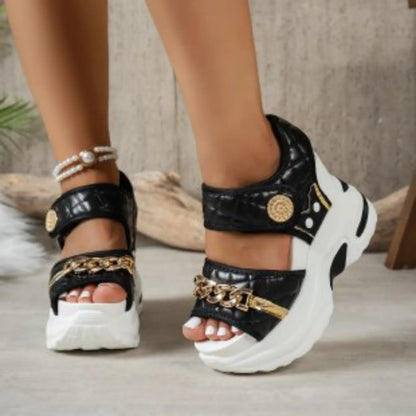Summer New Women Wedge Sandals 2026 Fashion Metal Decor Solid Thick Bottom Female Shoes Trendy Casual Comfort High Heel Sandals
