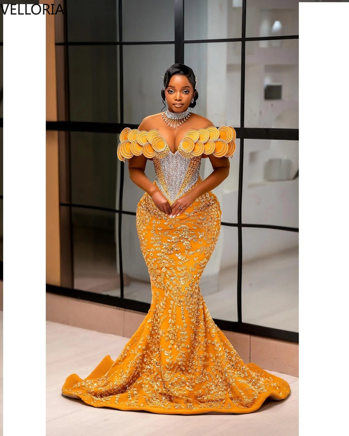 Luxury Mermaid Evening Dress 3D Round Shoulder Detail Crystal African Women's Wedding Beaded Corset Ball Dress Customization
