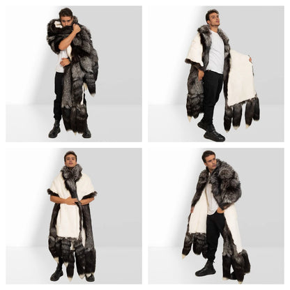 Unisex Double Face Silver Fox & White Rex Boa-Cape With Tails Real Fur Scarf Long Hot Selling Warm Natural Fur Scarf