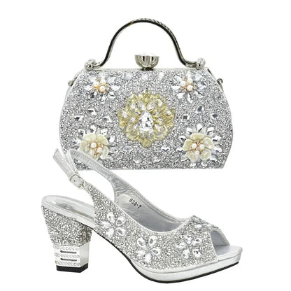 Nigerian Shoes and Matching Bags Sales in Women Matching Shoes and Bag Set for Party Rhinestone Wedding Shoes for Women Bride