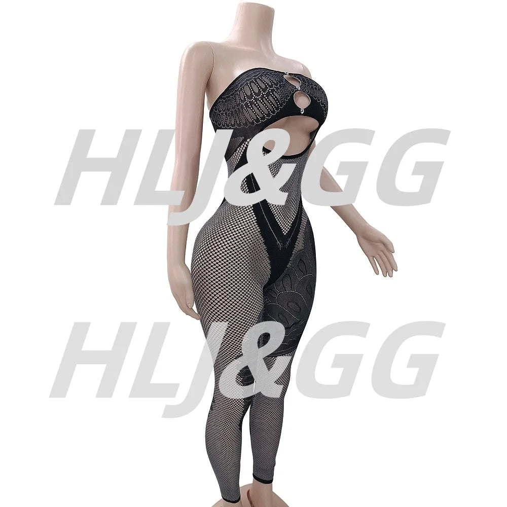 HLJ&GG Sexy Off Shoulder Hollow Out Bodycon One Piece Jumpsuits Women Sleeveless Backless Slim Playsuit Fashion Stretchy Overall