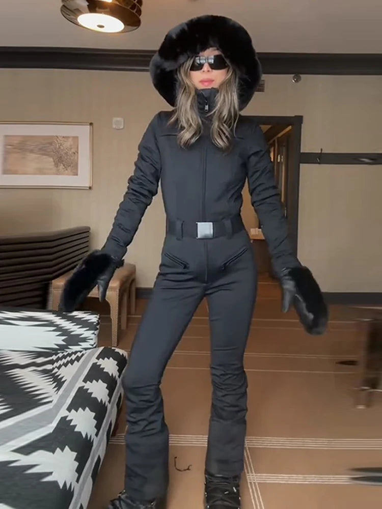 Casual Solid Ski Hoodie Jumpsuits Women Street Full Sleeve Closed Waist Slim Warm Belt Suits Female 2026 Fashion Snow Lady Suit