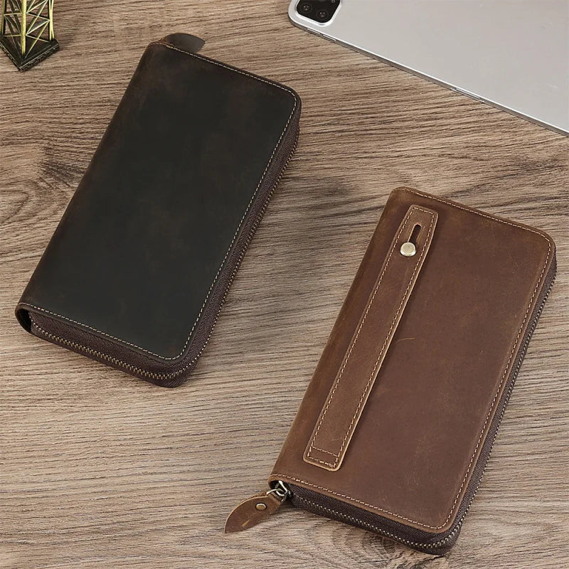 Men's Clutches Long Handbag Business Vintage Cow Leather Man Long Wallet For Men And Woman Oil Wax Zipper Bag Purse