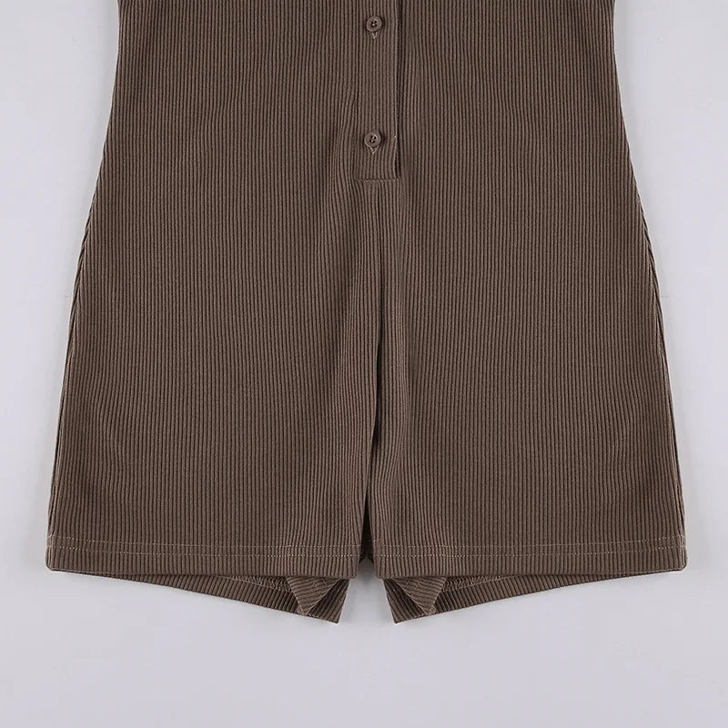 Fashion Solid Color Lapel Short Playsuit One-Piece Slim Fit Button Down Short Sleeve Rompers Casual Knit Y2k Womens Clothing