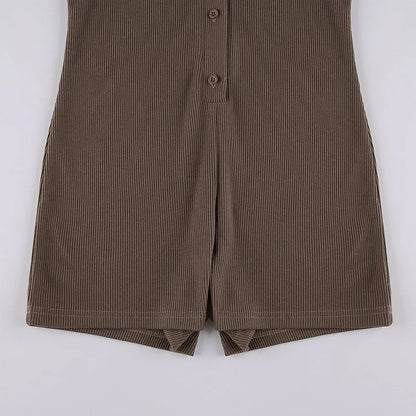 Fashion Solid Color Lapel Short Playsuit One-Piece Slim Fit Button Down Short Sleeve Rompers Casual Knit Y2k Womens Clothing