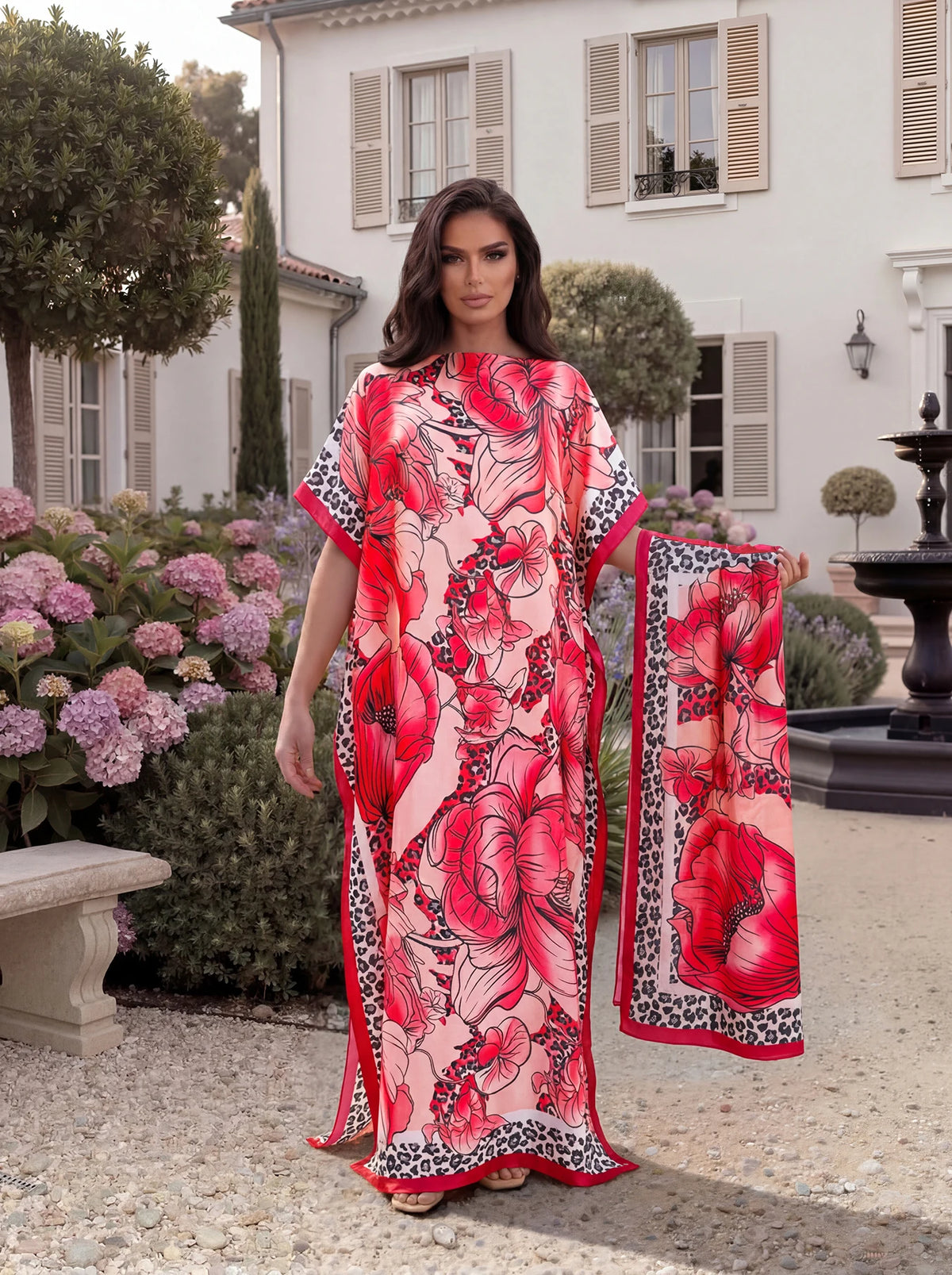 Tropical Floral Leopard Print Satin Abaya Scarf Set, Loose Batwing Maxi Kaftan For Muslim Women Summer Beach Vacation Wear