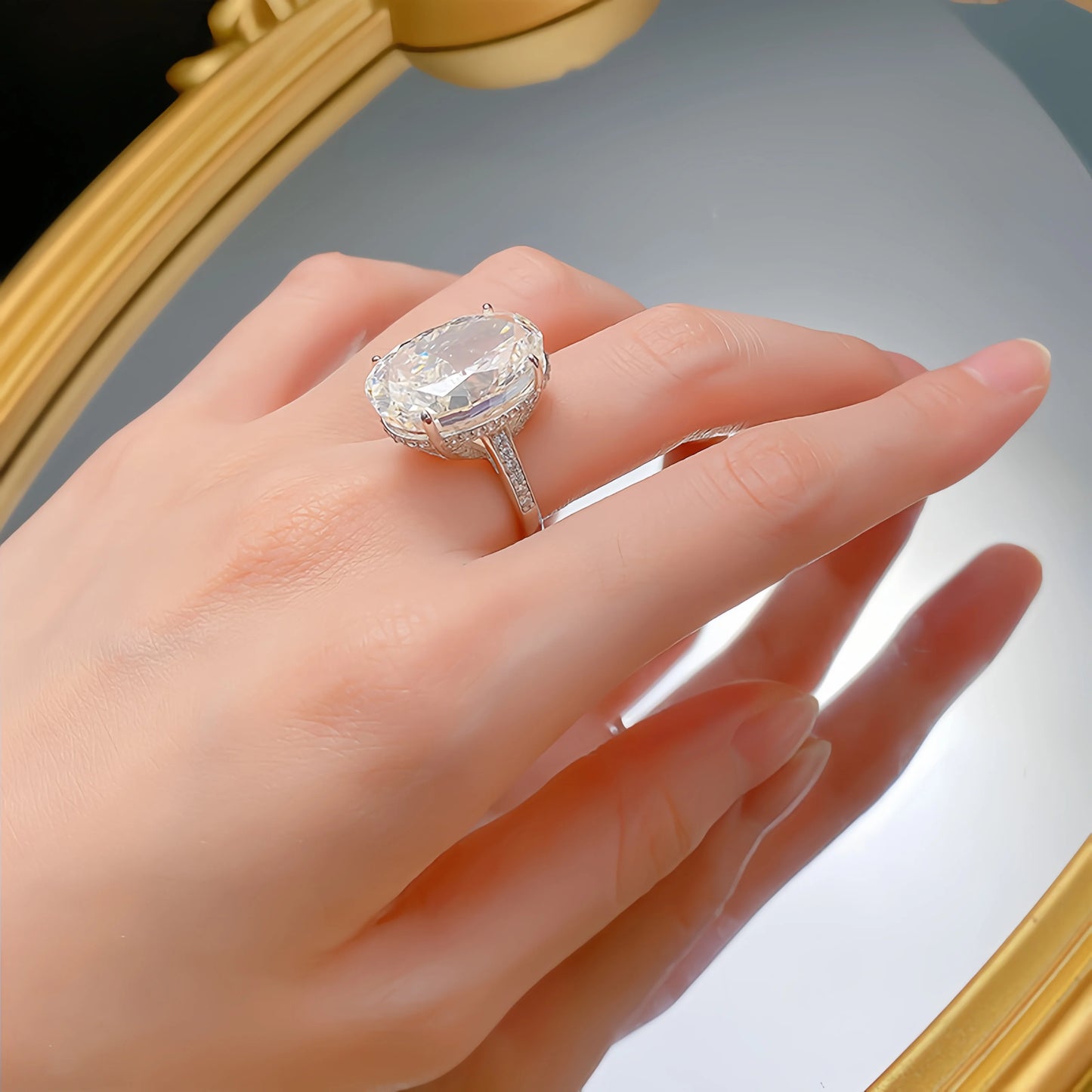 Onnelik S925 Sterling Silver 20CT Large Carat Moissanite Egg Shape Ring Minimalist Band Luxury Jewelry for Women Elegant Gifts
