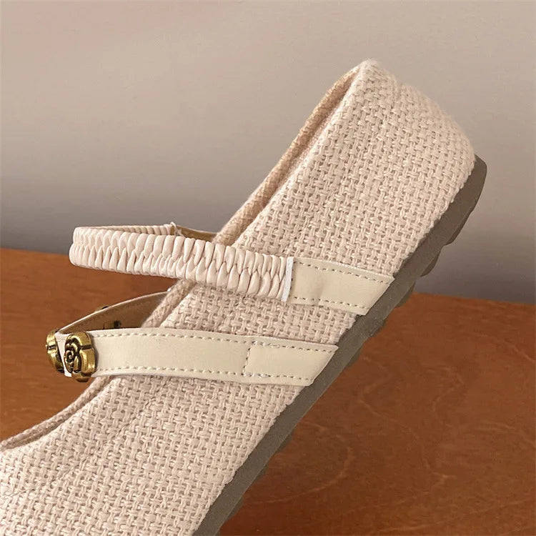Women's Woven Mary Jane Mules Flat Round Toe Slip-On Shoes with Buckle Straps and Rose Hardware Casual Balletcore Summer Sandals