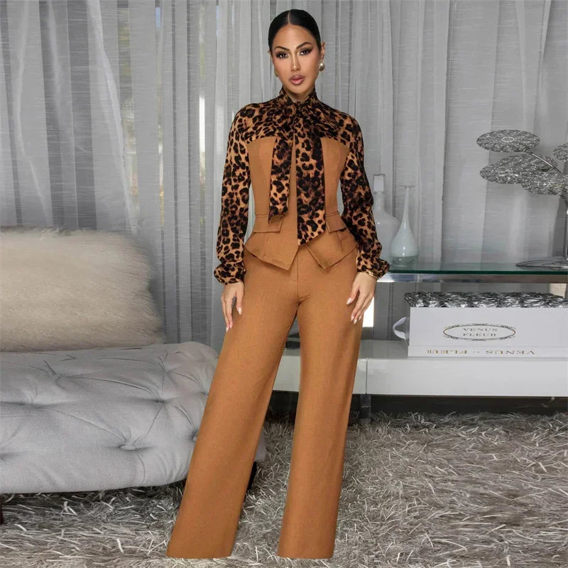 Doyerl Leopard Patchwork Shirt Style Jumpsuits Woman Elegant Vintage Long Sleeve High Waist One Piece Rompers Women Jumpsuit
