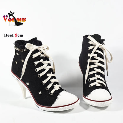 2024 NEW Spring High Heels Rivet Black Shoes Women Fashion Thin Heels Denim Canvas Shoes High Top Round Toe Lace Up Ladies Boots