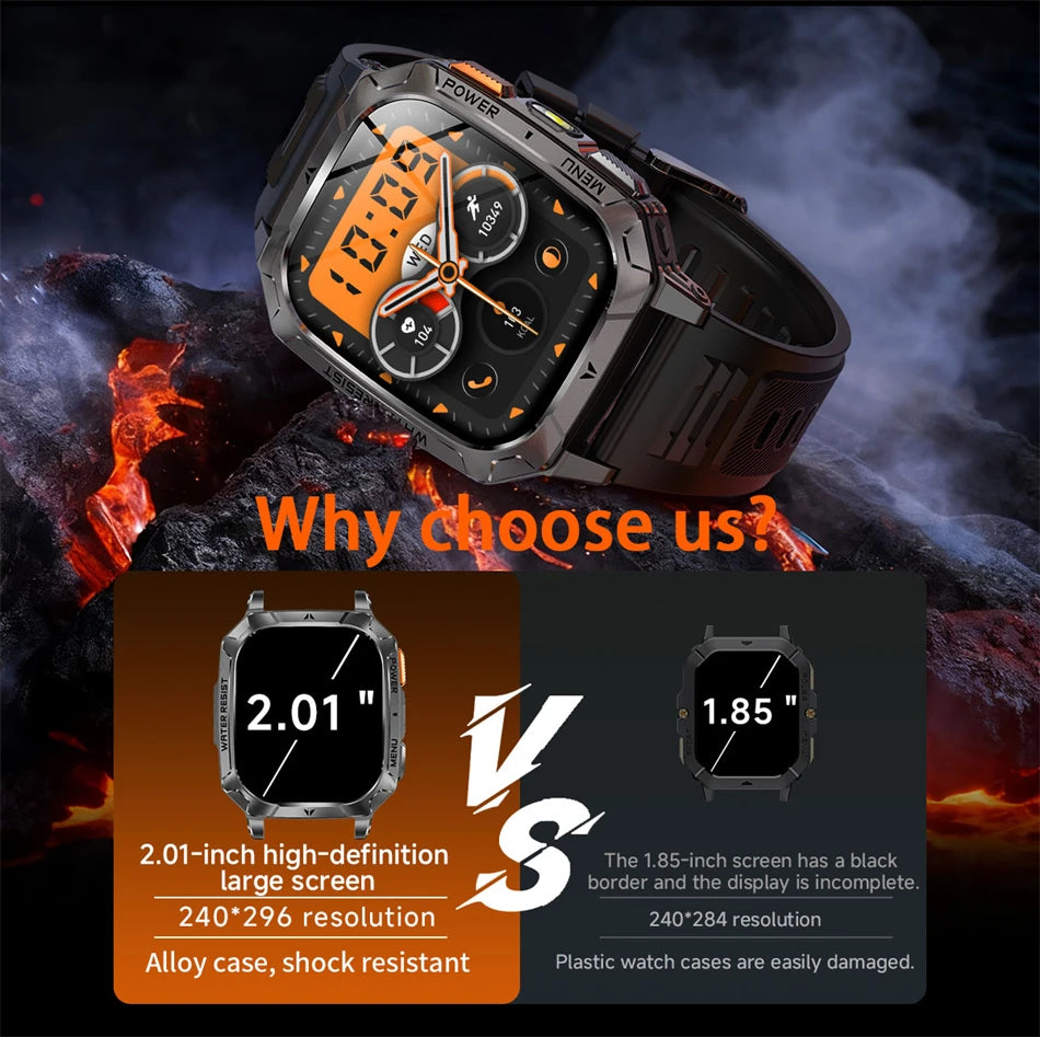 New 1400 mAh Battery Military Smartwatch Men IP68 Waterproof Flashlight Health Monitor Sports Call Smart Watch For iOS Android