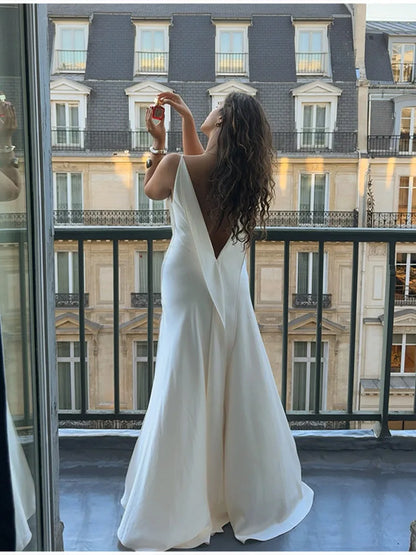 Luxury White Satin Backless Veatido Women Sexy Spaghetti Strap V-neck High Split Midi Dress Vacation Evening Party Beach Outfits