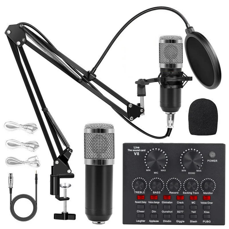 BM800 Condenser Alloy Microphone Kit Professional Sound Card Arm Bracket Set V8 Studio Mixer Live Soundcard Singing Record Mic