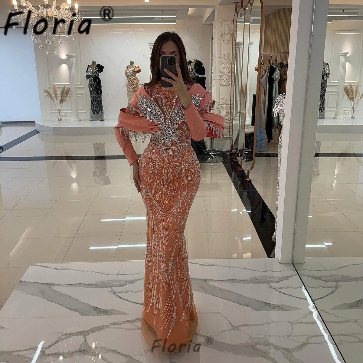 Dubai Luxury Coral Orange Mermaid Evening Gown Long Sleeve Silver Rhinestone Tassel Bodycon Formal Dress Gala Wedding Birthday
