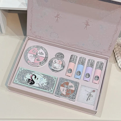 NICEKEY Makeup Kit Include 4 Matte Lipgloss,1 Face Blusher,1 Pressed Powder,1 Eyesshadow Palette,1 Contour Palette With Necklace