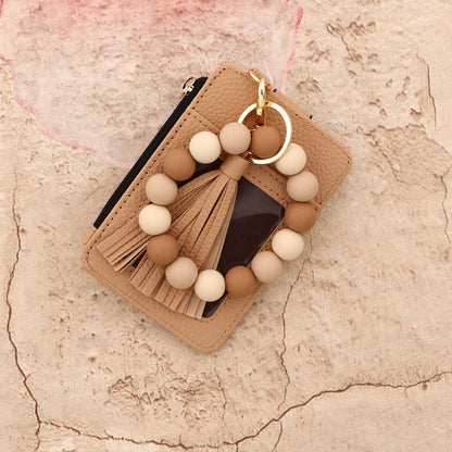 2025 Silicone bead pu leather key chain wristlet id credit card holder keychain wallet for women with bangle bracelet