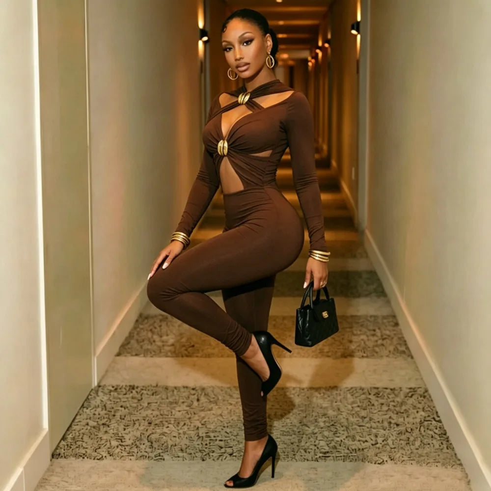 FLARORA Sexy Hollow Out Jumpsuits Woman Trend Metal Buckle Decoration Full Sleeve Skinny Peach Hip Party Club Street Overalls