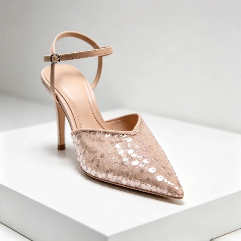 Luxury Designer Mesh Thin high Heeled Sandals Women Sexy Pointed Toe Bling Pumps Beige Open Heel Ankle Strap Wedding Party Shoes