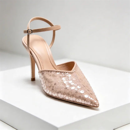 Luxury Designer Mesh Thin high Heeled Sandals Women Sexy Pointed Toe Bling Pumps Beige Open Heel Ankle Strap Wedding Party Shoes
