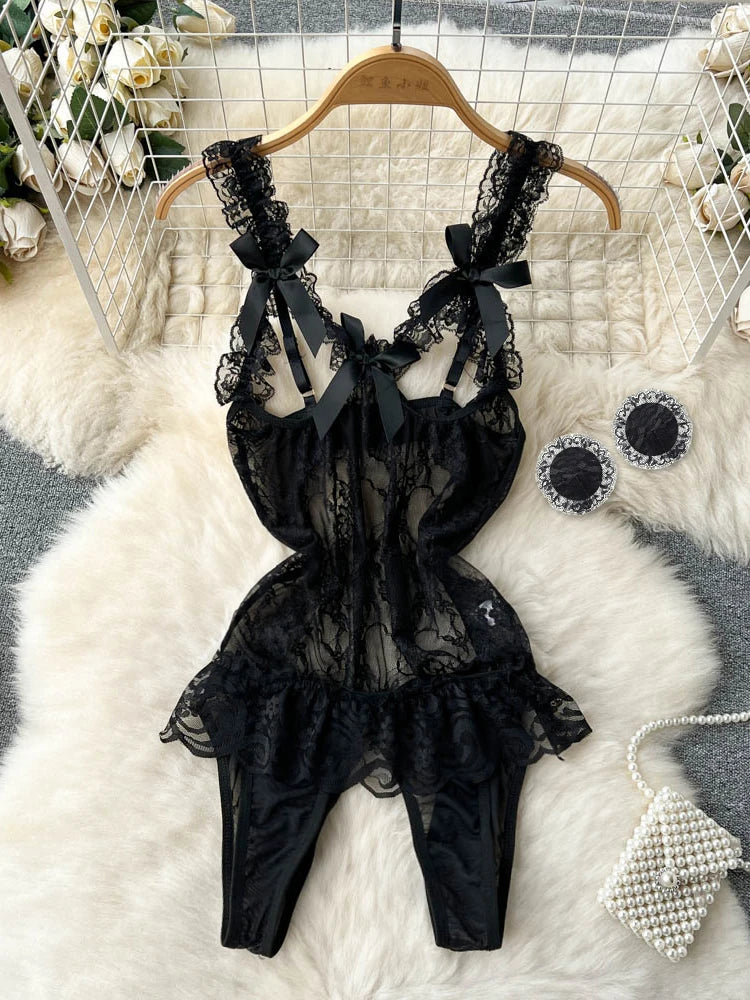 Coquette Lace Lingerie Set Sexy Mesh Bodysuit Valentines Day Sleepwear Gothic Strappy Catsuit Intimate Nightwear Romper