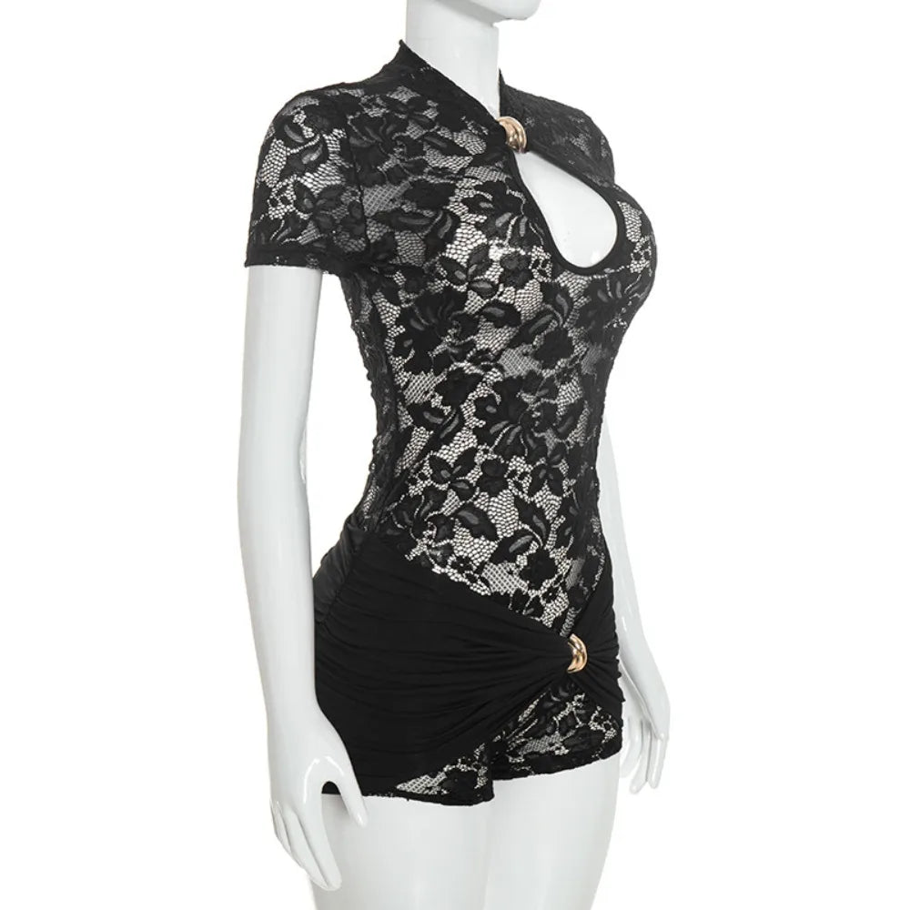 FLARORA Sexy Lace See Through Rompers Woman Hollow Metal Buckle V Neck Short Sleeve Ruched Patchwork Skinny Peach Hip Playsuits