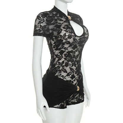 FLARORA Sexy Lace See Through Rompers Woman Hollow Metal Buckle V Neck Short Sleeve Ruched Patchwork Skinny Peach Hip Playsuits