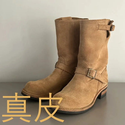 Handmade Work Boots Men and Women Engineer Mid-Calf Retro Motorcycle Boot Faded Mid-Calf Boot Khaki Black Suede Knight Boots