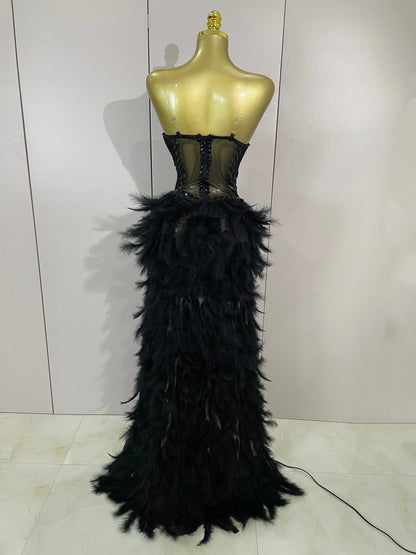 Luxury Sparkly Rhinestones Feathers Long Tail Dress Sexy Mesh Transparent Stage Bodysuit Evening Party Celebrate Birthday Dress