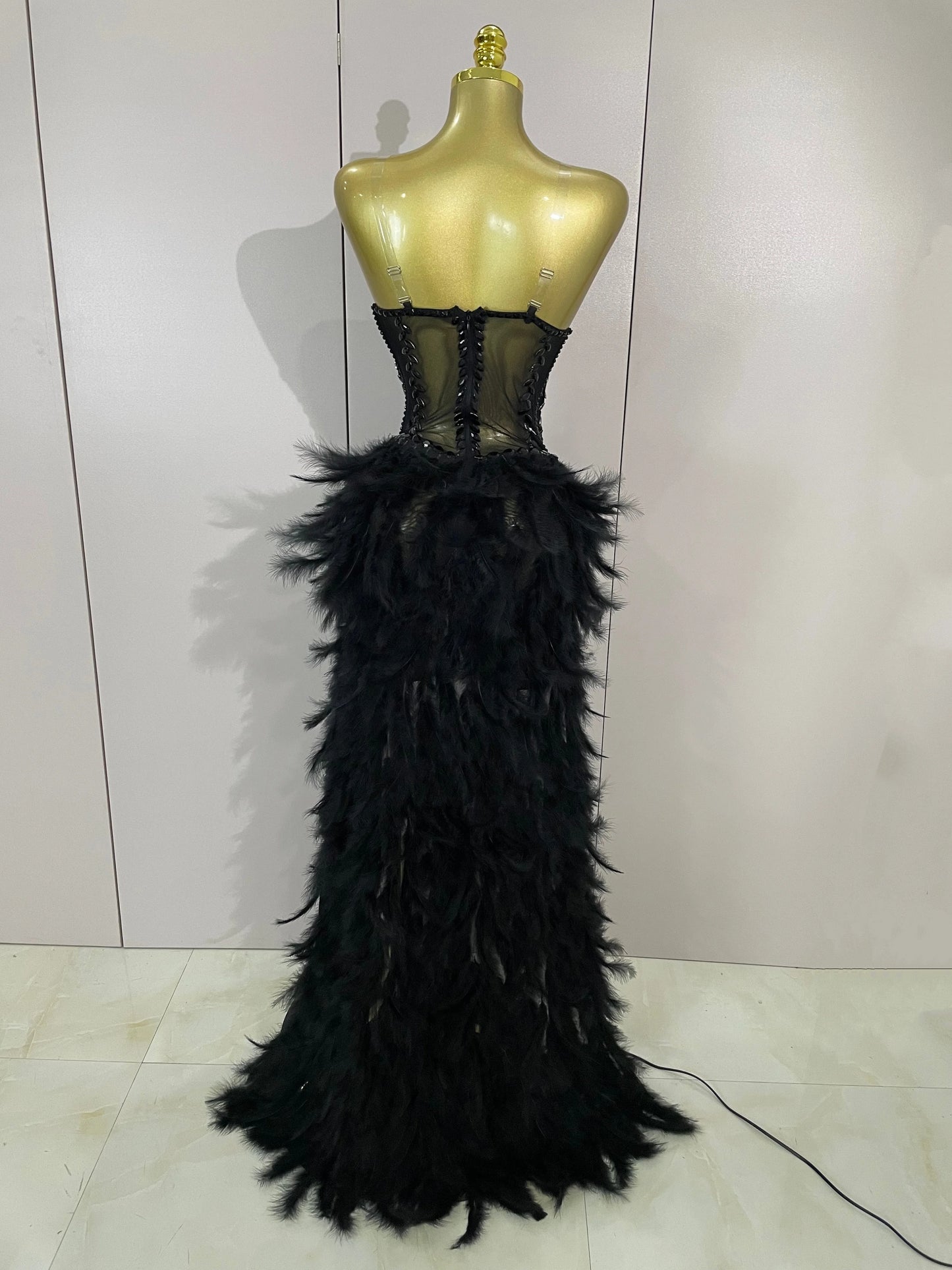 Sparkly Rhinestones Feathers Long Tail Bodysuits Sexy Mesh Transparent Stage Dress Evening Party Celebrate Luxury Birthday Dress