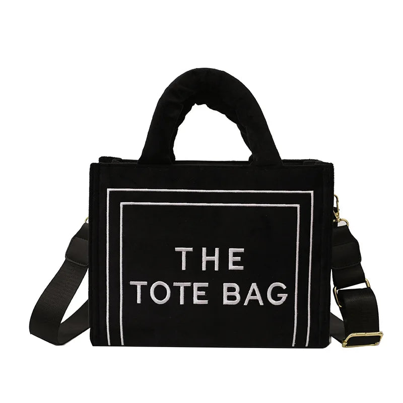 Women's Khaki Velour Tote Bag Original Letter Print Medium Ladies Shopper Handbag Female Square Medium Shoulder Bags