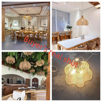 Japanese Style Wabi-sabi Retro Rattan Chandelier Creative Living Room Restaurant Box Pendants LIghts Hotel Living Room Lamps LED