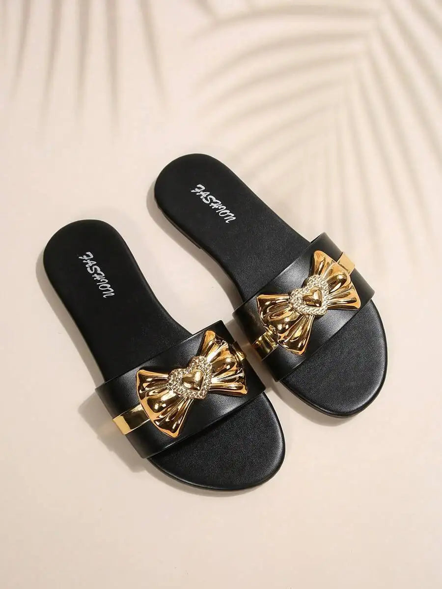 Women's Shoes New Fashion Slippers with Bow Buckle Versatile Solid Color Decorative Round-Toe Flat Sandals